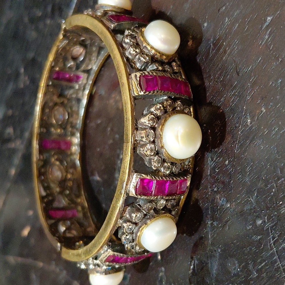 POLKI Pearl, RUBY, CZ Gemstone Antique Gold PLATED Bracelet Cuff